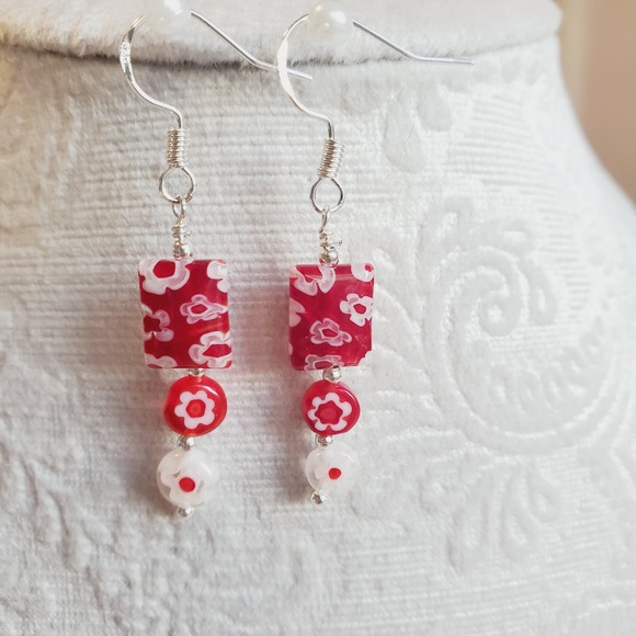 Beaded Millefiori Earrings Red with White Flowers and Silver Tone Hooks Handmade - Picture 3 of 3